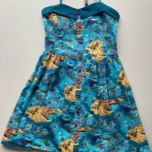 Sourpuss Teal Tropical Island Print Dress with Red Buttons